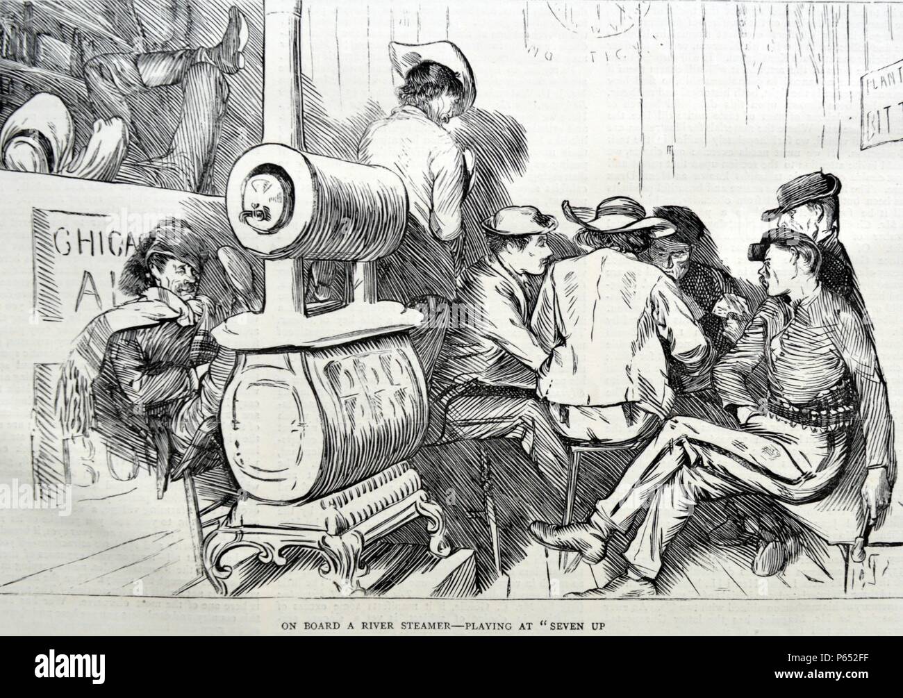 La gravure représente une scène à bord d'un bateau à vapeur de la rivière. Un groupe d'hommes jouent le jeu de cartes "sept". Datée 1870 Banque D'Images