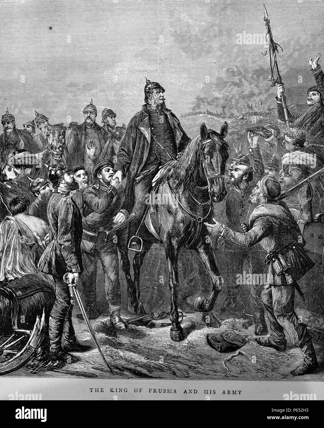 Gravure du roi Guillaume Ier de Prusse (1797 - 1888) le premier empereur allemand et son armée. Datée 1870 Banque D'Images