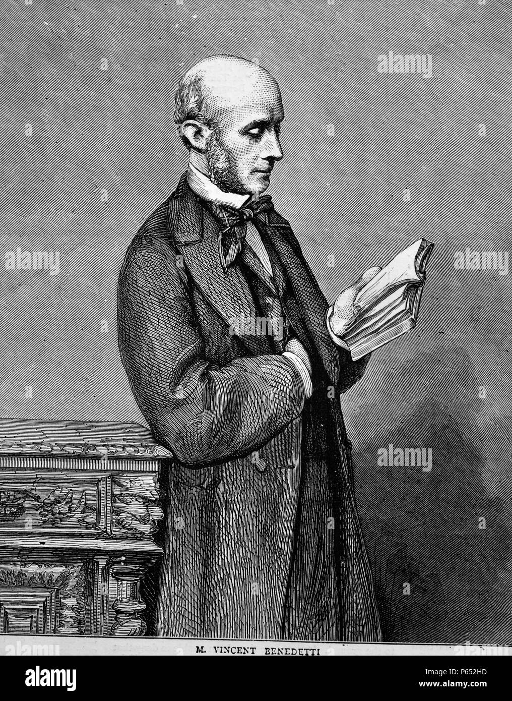 Gravure de Vincent, le comte Benedetti (1817-1900) un diplomate français. Il est probablement mieux connu comme l'une des figures centrales dans l'initiative de la guerre franco-prussienne. Datée 1870 Banque D'Images