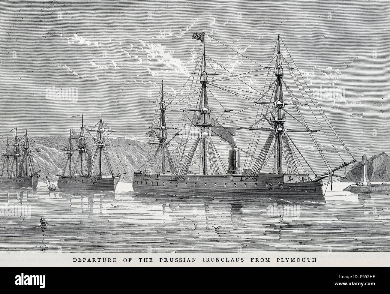 Gravure représente le départ des cuirassés prussien de Plymouth. Un cuirassé est un navire à propulsion à vapeur au début de la seconde moitié du xixe siècle. Datée 1870 Banque D'Images