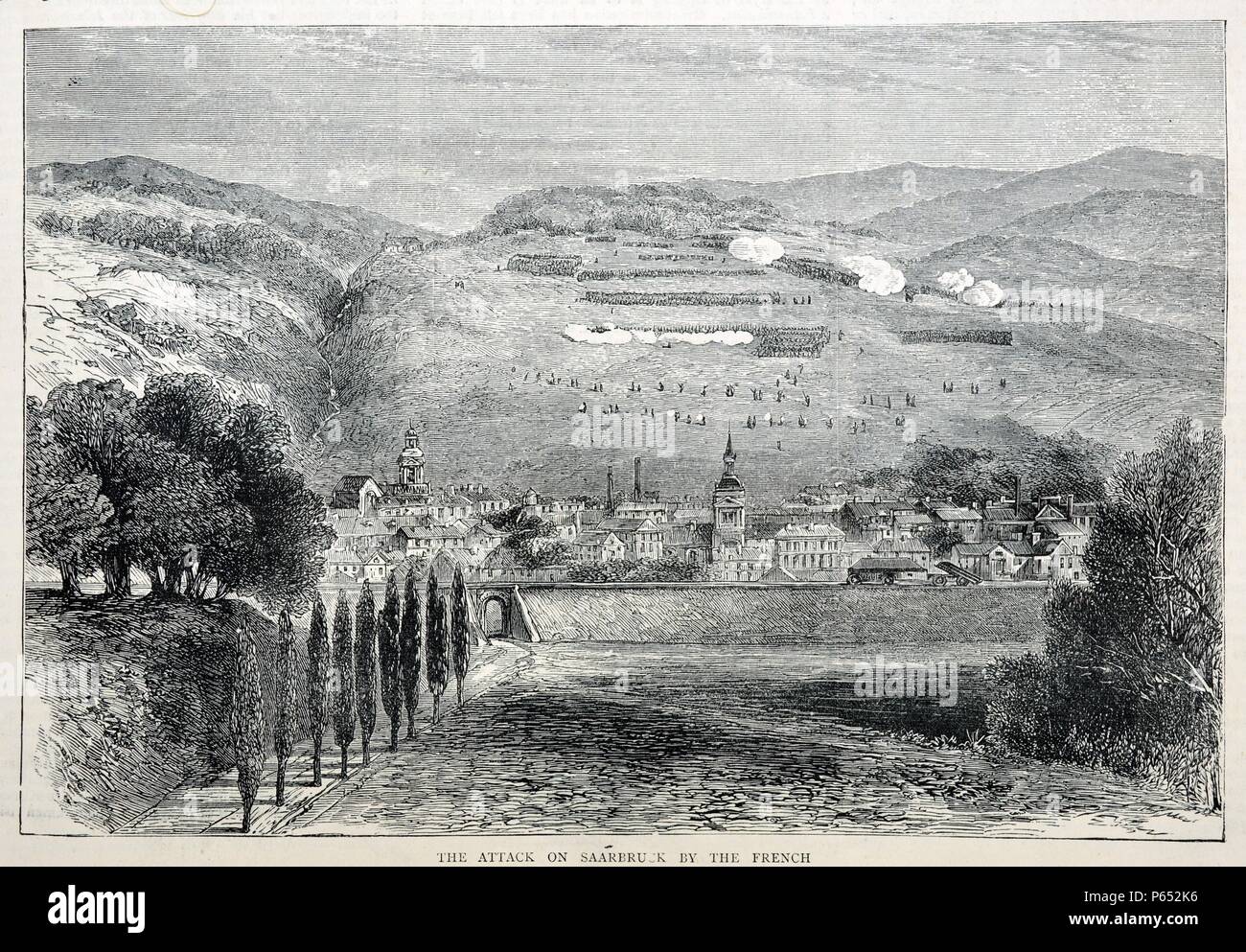 Gravure de l'attaque de Saarbruk par les français durant la guerre franco-prussienne. Datée 1870 Banque D'Images