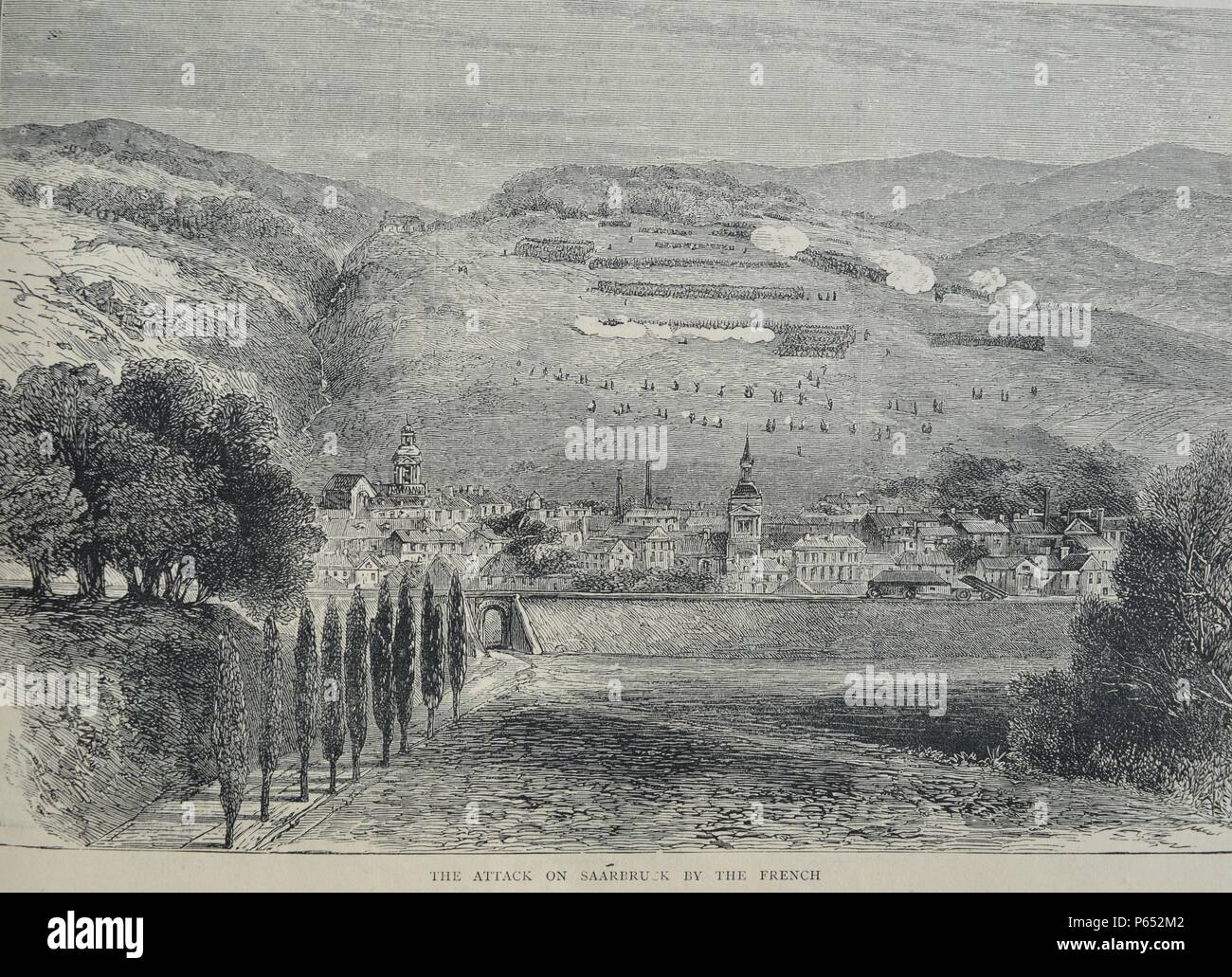 Gravure de l'attaque de Saarbruk par les français durant la guerre franco-prussienne. Datée 1870 Banque D'Images