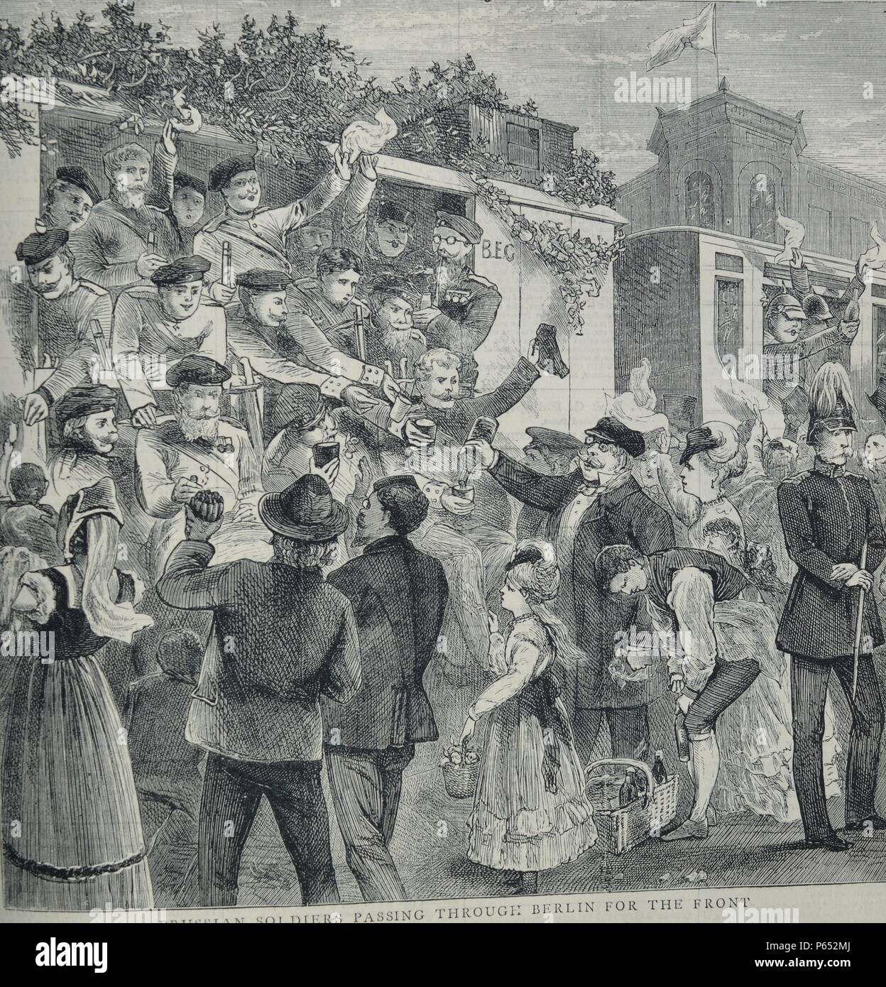 Soldats Prussiens gravure illustre passant par Berlin sur leur chemin vers l'avant. Datée 1870 Banque D'Images