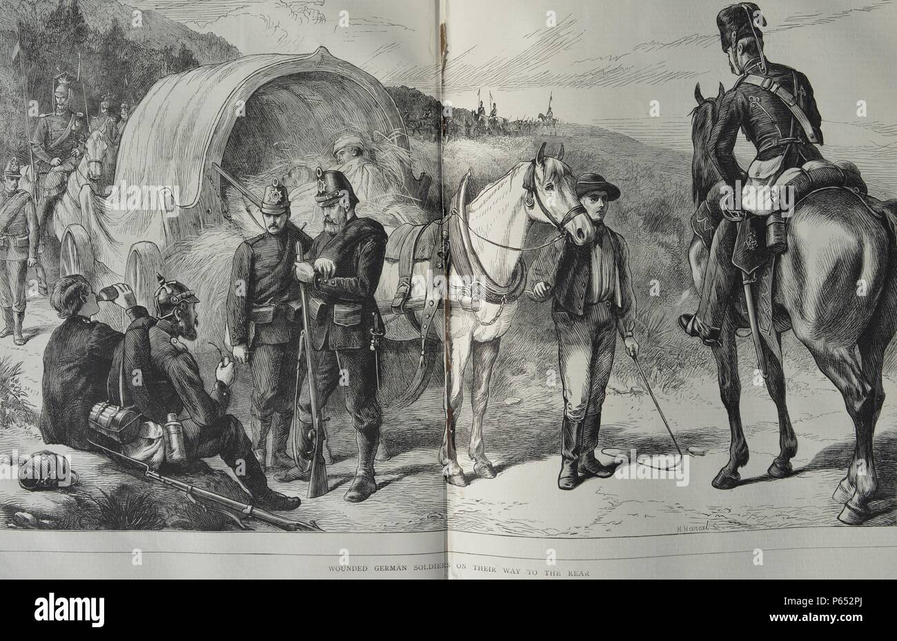 Gravure illustre blessés soldats prussiens reposant sur leur chemin à l'arrière. Datée 1870 Banque D'Images