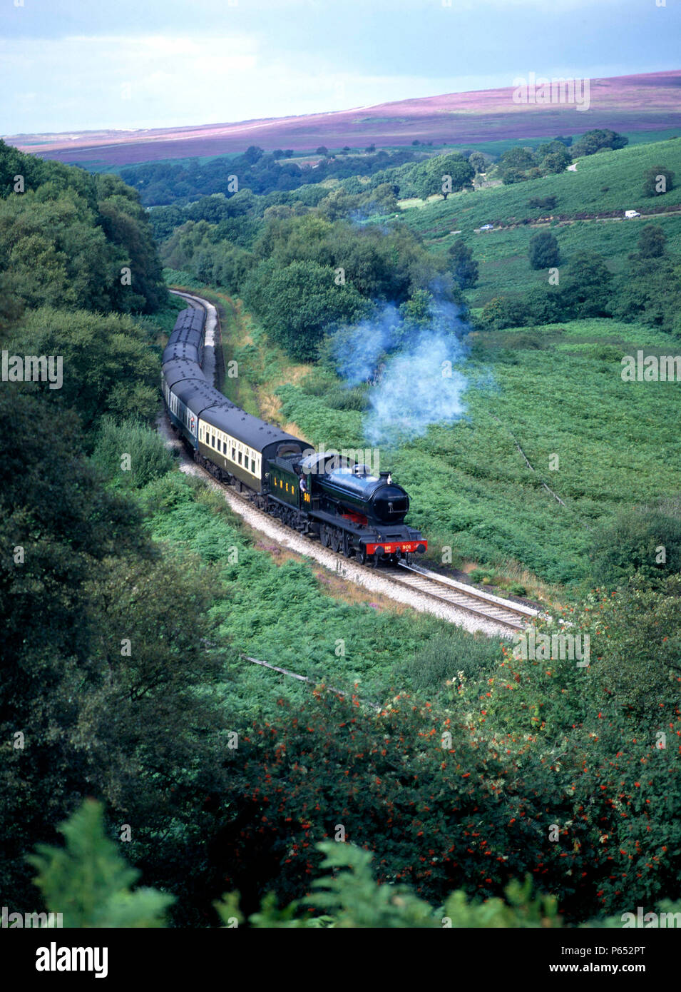 N.Y.M.R. Q7 No.901 traverse la moor avec Goathland 14:50 ex Grosmont de Pickering. 19.08.1994. Banque D'Images