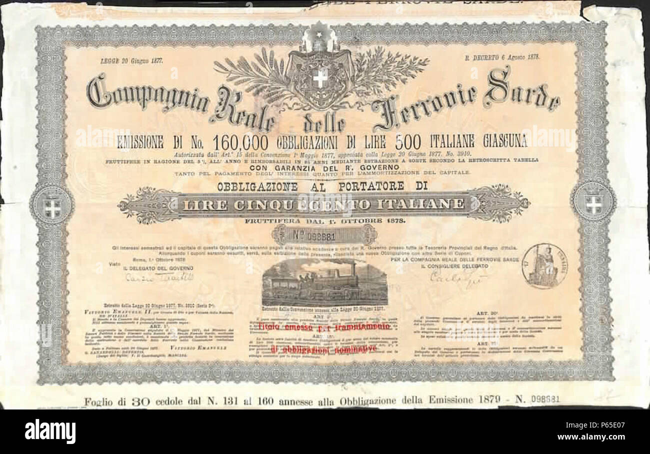 1878-compagnia-reale-delle-ferrovie-sarde-1-obbligazione-port. Banque D'Images
