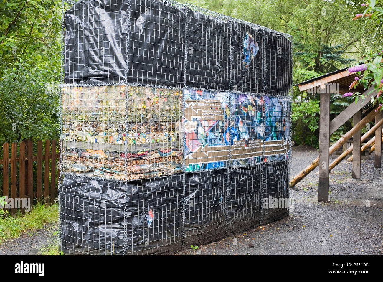 Un écran représentant ce que la famille moyenne jette chaque année pour se retrouver dans les décharges au Centre for Alternative Technology à Machynlle Banque D'Images