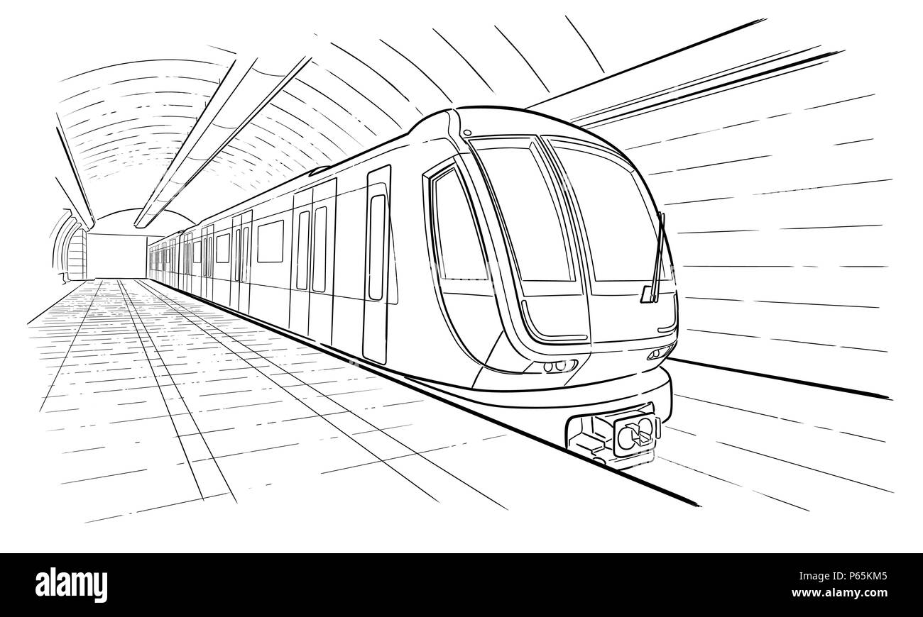 Encre dessinés à la main, croquis de la ligne de métro, train en vue perspective du style du contour. Illustration de Vecteur