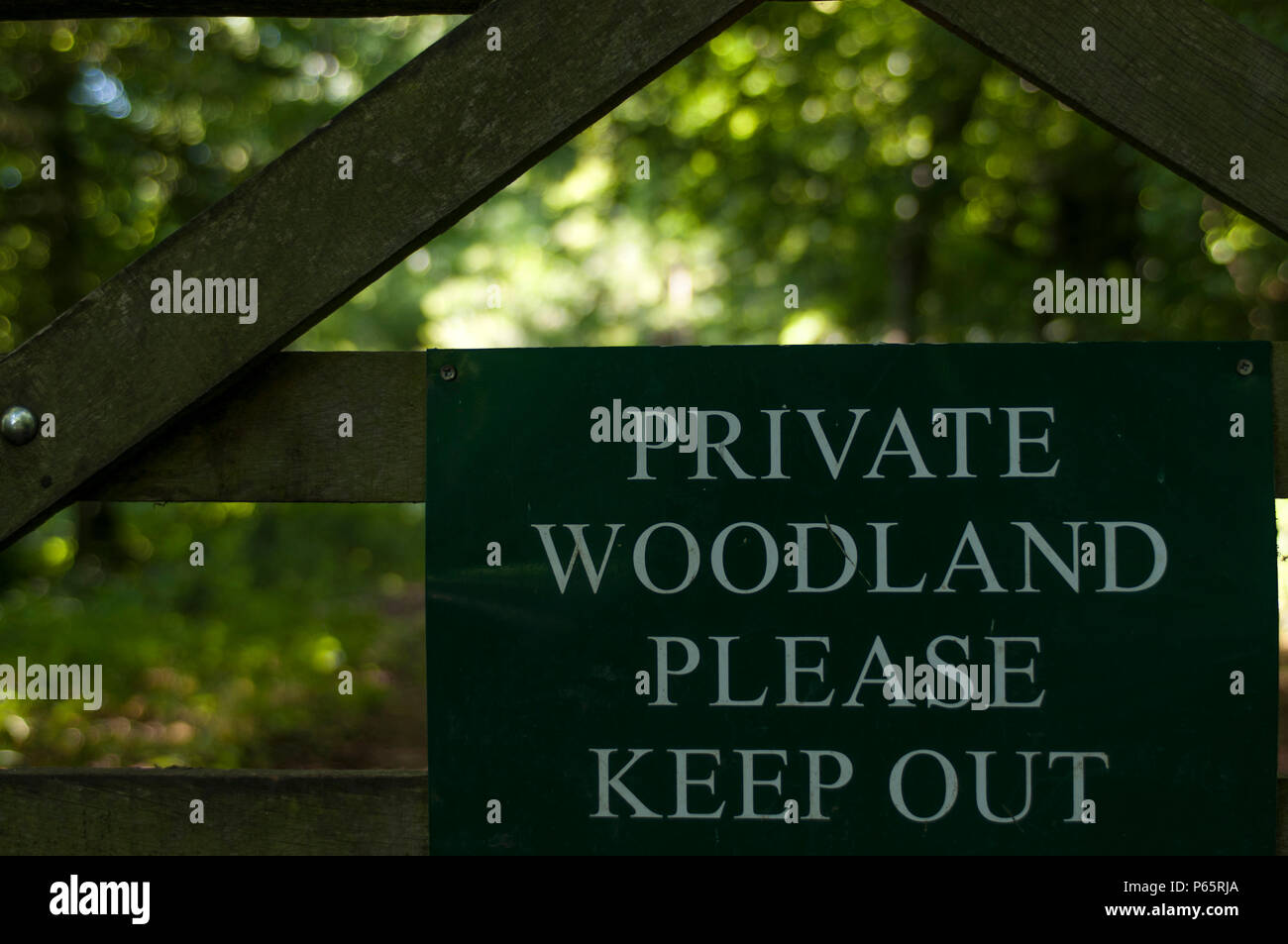 Garder hors des bois privés, aucun signe d'accès public dans la campagne du Dorset, UK Banque D'Images