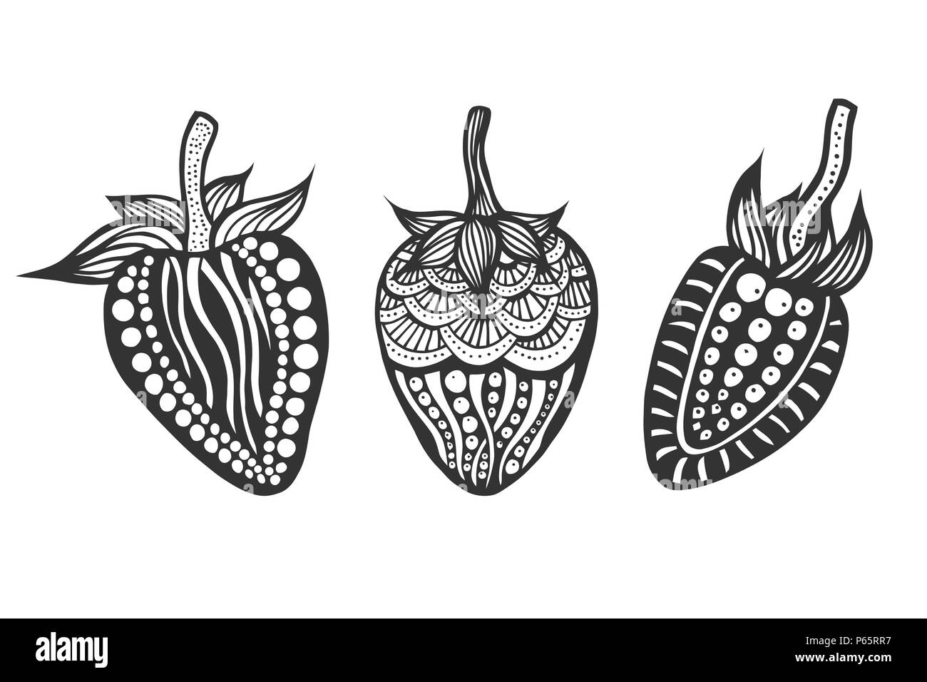 Fraise de noir et blanc. À la main, doodle, vecteur. Faites par tracé à partir de croquis. La page de coloriage pour adulte. Fruit grenat. Illustration de Vecteur