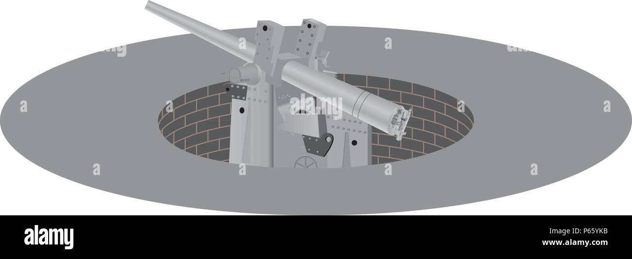 Une seconde guerre mondiale peint en gris de défense côtière anglaise longue portée de tir rapide Cannon dans un béton et brique embrasure isolated on white Illustration de Vecteur