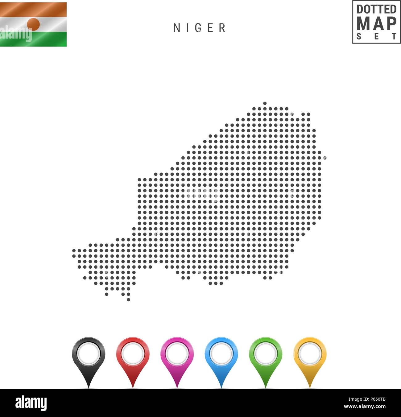 Motif Dots Carte vectorielle du Niger. Silhouette stylisée du Niger. Pavillon du Niger. Ensemble de marqueurs carte multicolore Illustration de Vecteur
