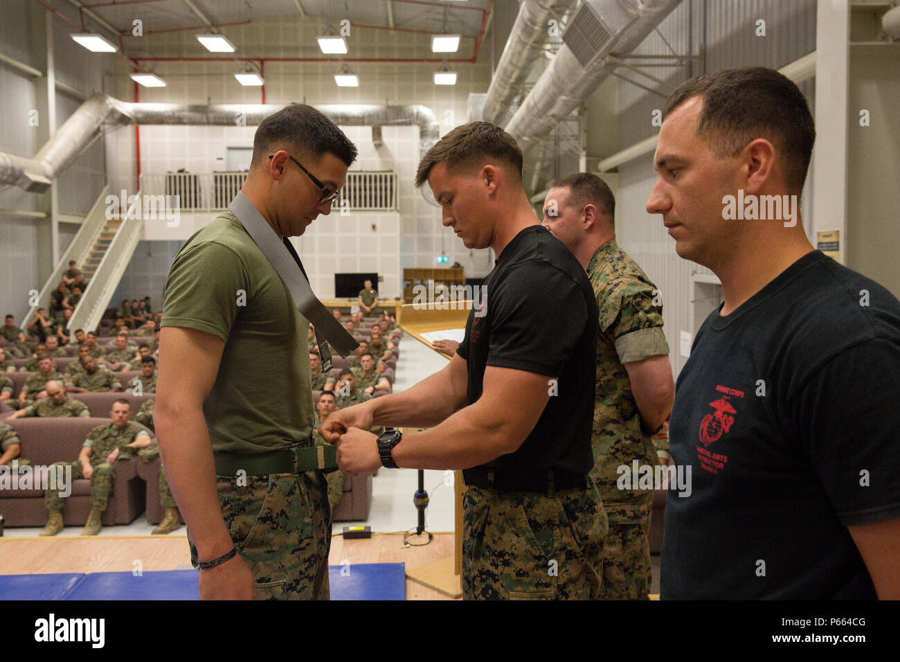Corps des Marines des États-Unis Le Cpl. Michael S. Annis, un champ d'opérateur avec la Force de rotation de la mer Noire, gagne sa ceinture verte avec un instructeur comme il l'onglet tan diplômés comme un Marine Corps instructeur en arts martiaux avec sa classe 155-16, Mihail Kognalniceanu Air Base, la Roumanie, le 22 avril 2016. Ces diplômés ont passé trois semaines de séances de formation physique durable, apprendre à donner correctement le hip-pocket classes, et la façon de bien enseigner les techniques de la courroie tous les niveaux de la Marine Corps Martial-Arts Programme. (U.S. Marine Corps photo par le Cpl. Kelly L. Street, 2D MARDIV COMCAM/libérés) Banque D'Images