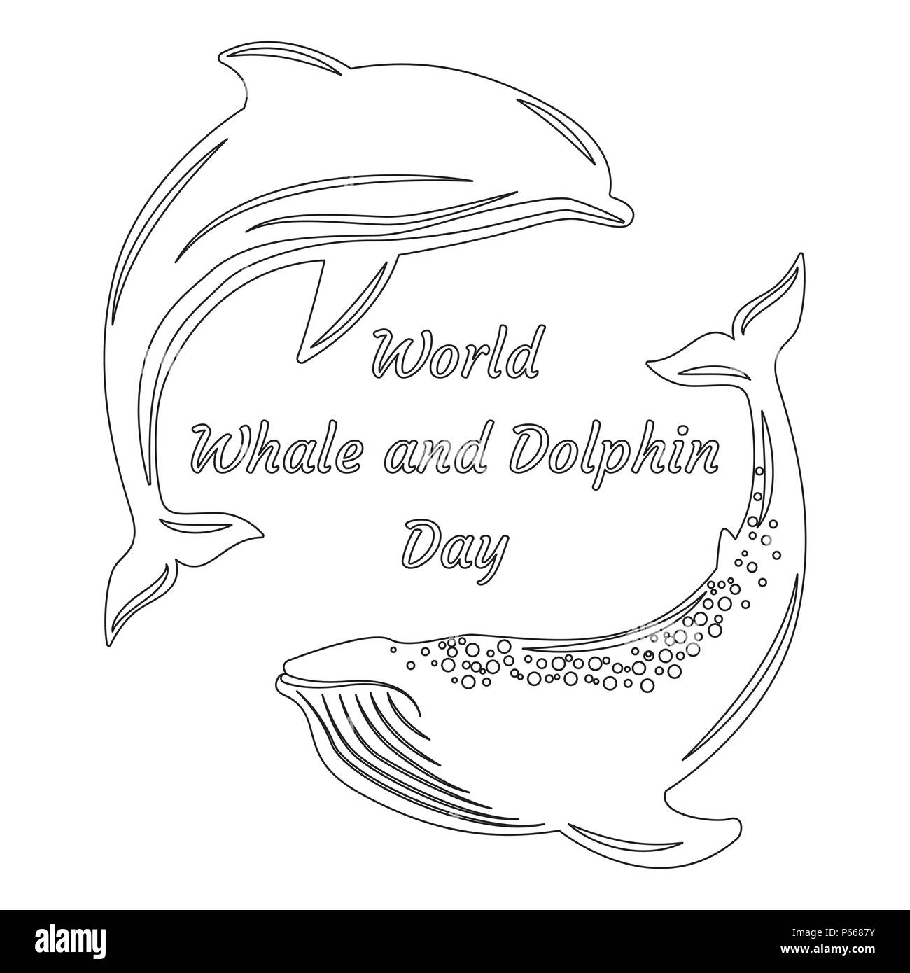 Journée mondiale de baleines et de dauphins. 23 juillet. Concept de maison écologique. Silhouettes des dauphins et des baleines. Nom de l'événement Illustration de Vecteur