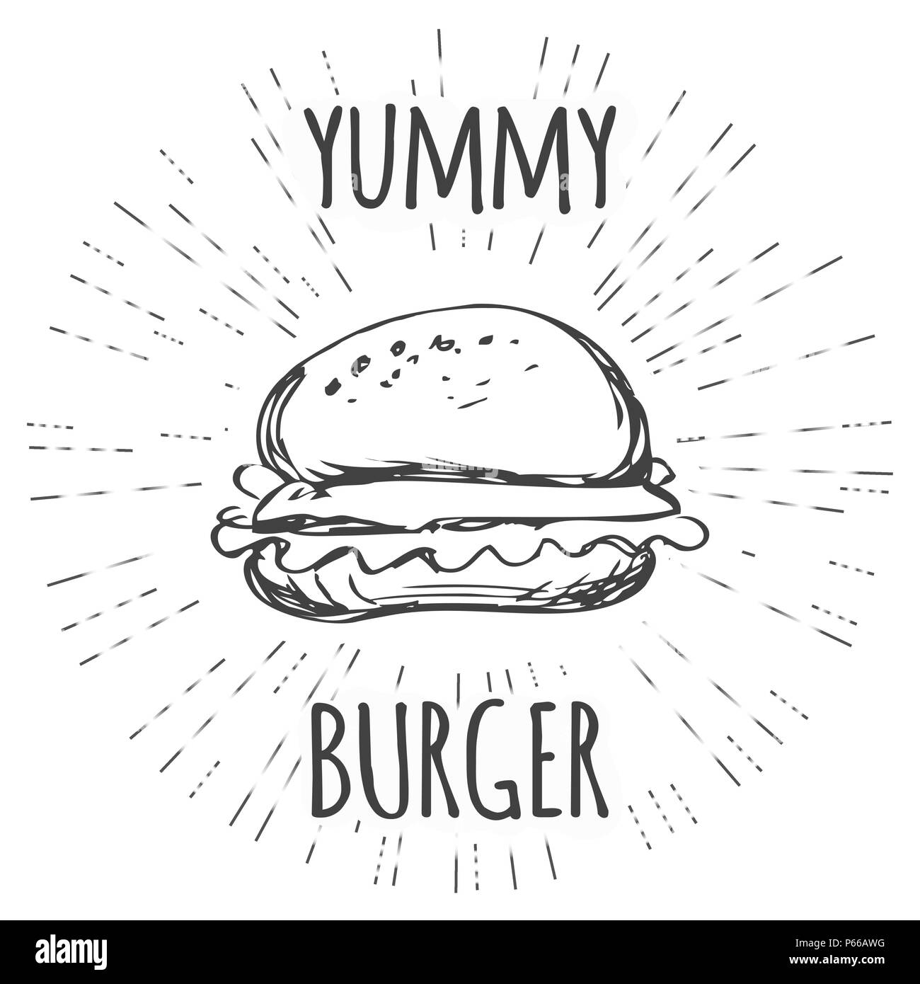 Yummy burger vintage style hippie dans l'étiquette avec la solarisation. Illustration de Vecteur
