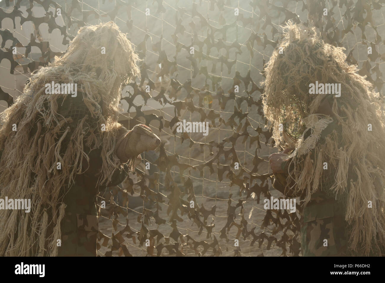Les compétiteurs paraguayens se préparent pour l'épreuve Stand and Shoot au Fuerzas Comando 2016 à Ancon, au Pérou, en ajustant leurs combinaisons ghillie pour optimiser le camouflage. L'événement évalue les compétences des tireurs d'élite, la dissimulation et la précision dans des conditions de terrain. Fuerzas Comando rassemble les forces spéciales des Amériques et des Caraïbes pour améliorer la sécurité régionale, l’interopérabilité et les compétences tactiques, en mettant l’accent sur des scénarios réalistes et le travail d’équipe parmi les participants multinationaux. Banque D'Images