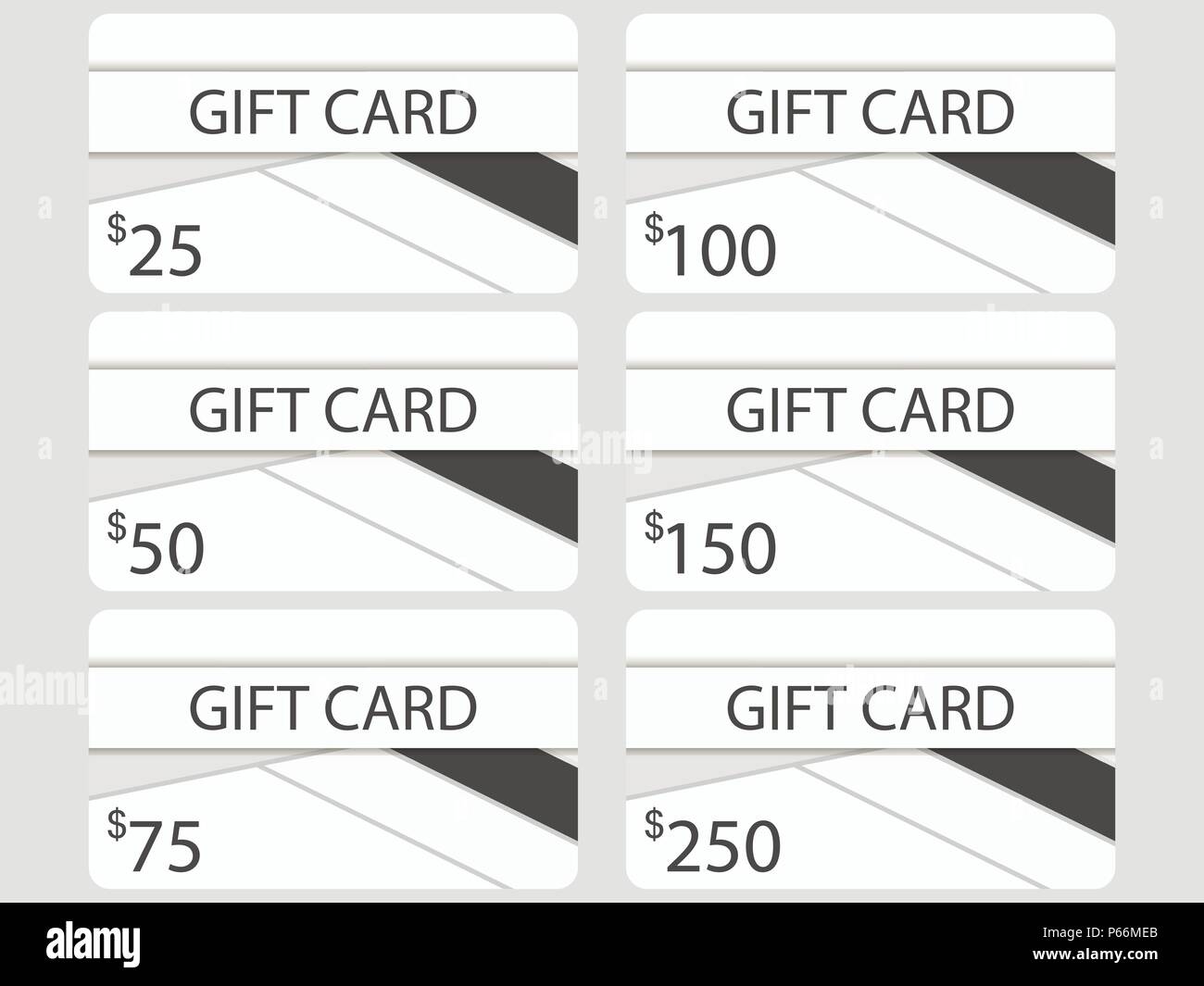 Carte-cadeau dans un style design. Couches de couper le papier. Le coût des cartes de 25, 50, 75, 100, 150, 250. Jeu de vector illustration Illustration de Vecteur