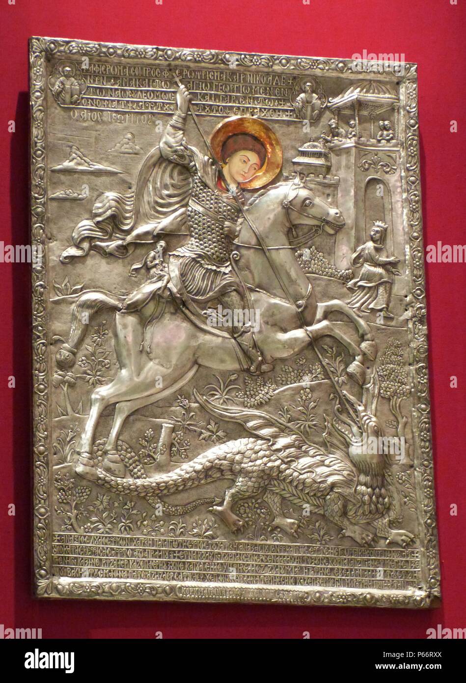 St George, par l'orfèvre Georgakis, 1800. Selon l'inscription grecque et Karamanli, l'icône d'argent a été consacré à l'église de St Nicolas à Césarée. Banque D'Images