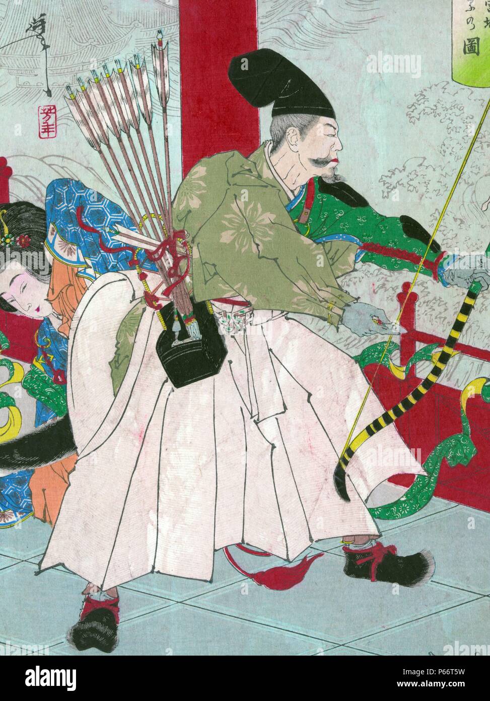 Ryugujo (palais du Roi Dragon). Taiso Yoshitoshi, 1839-1892, l'artiste. Publié indique les warrior Watanabe pas Tsuna, avec arc et flèches, au palais de l'Ibaraki démon. 1885 Banque D'Images