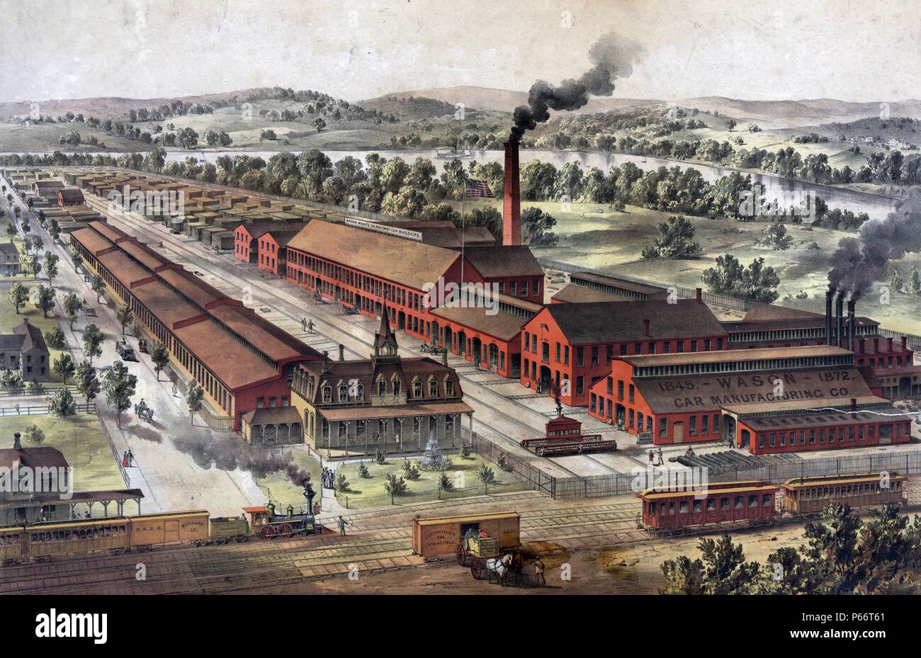 Wason Manufacturing Company de Springfield, Massachusetts. Chemin de fer automobile constructeurs, et les roues des wagons de chemin de fer, le travail général esquissé et sur pierre par Parsons & Atwater. 1821-1910 publié en 1872. Montrant d'impression vue d'ensemble de la Wason railroad car manufacturing company accessible à Springfield, Massachusetts, avec la rivière Connecticut dans l'arrière-plan. Banque D'Images