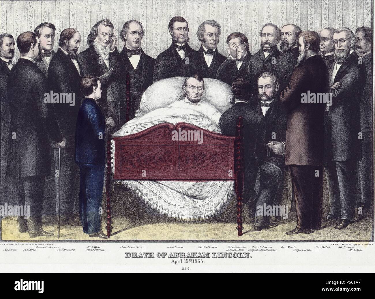 Mort d'Abraham Lincoln, le 15 avril 1865. Imprimer montre Abraham Lincoln sur son lit de mort entouré par grand groupe d'hommes, chacun identifié sur l'impression. Banque D'Images