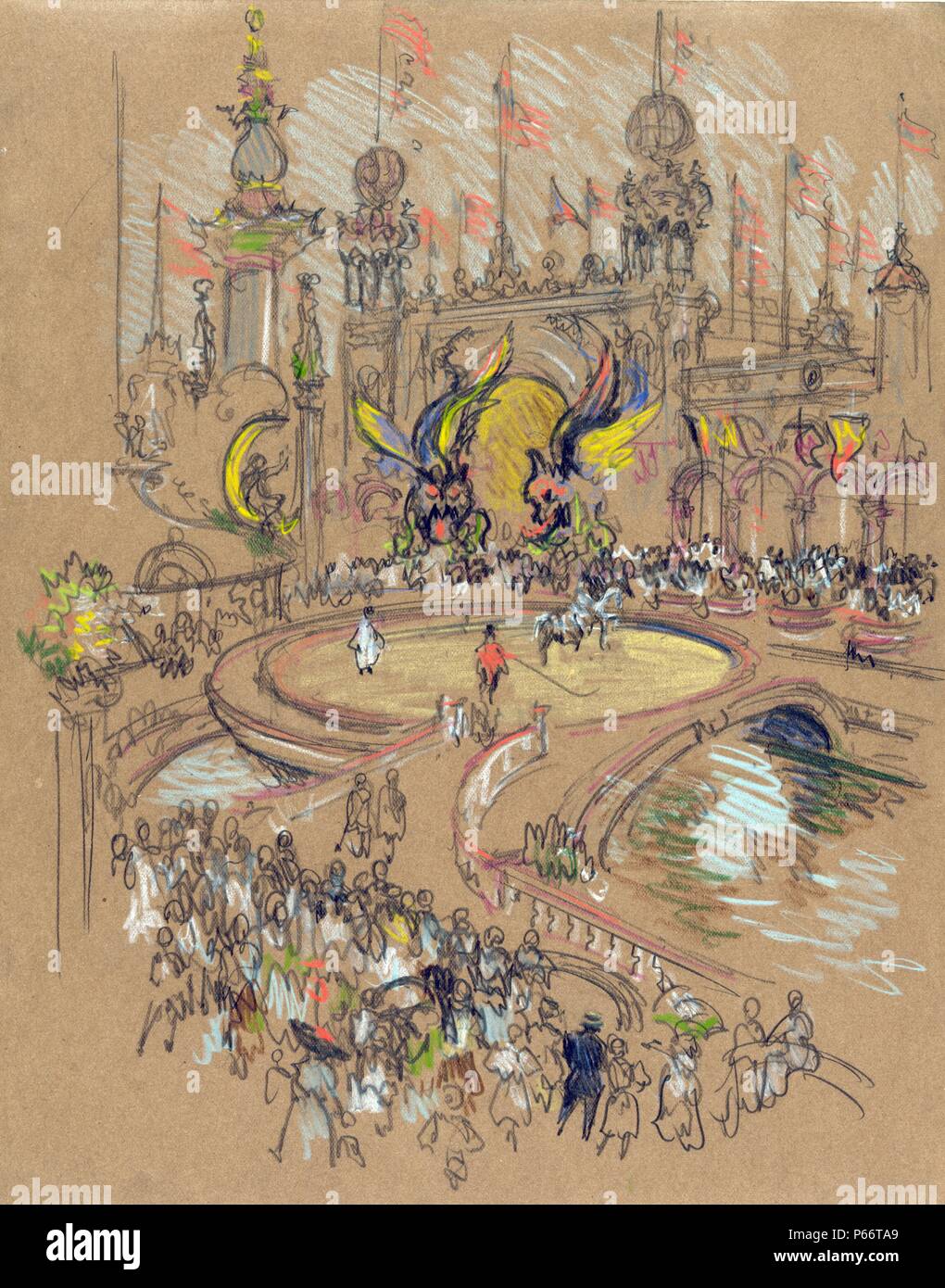 Coney Island par Joseph Pennell, 1857-1926, de l'artiste datée entre ca. 1904 et 1908. La ville de New York. Vue de dessus de foule coincé autour de la plate-forme circulaire construite sur l'eau et les interprètes, ringmaster contenant des créatures volantes colorées ci-dessus, les tours, les drapeaux exotiques en arrière-plan. Banque D'Images