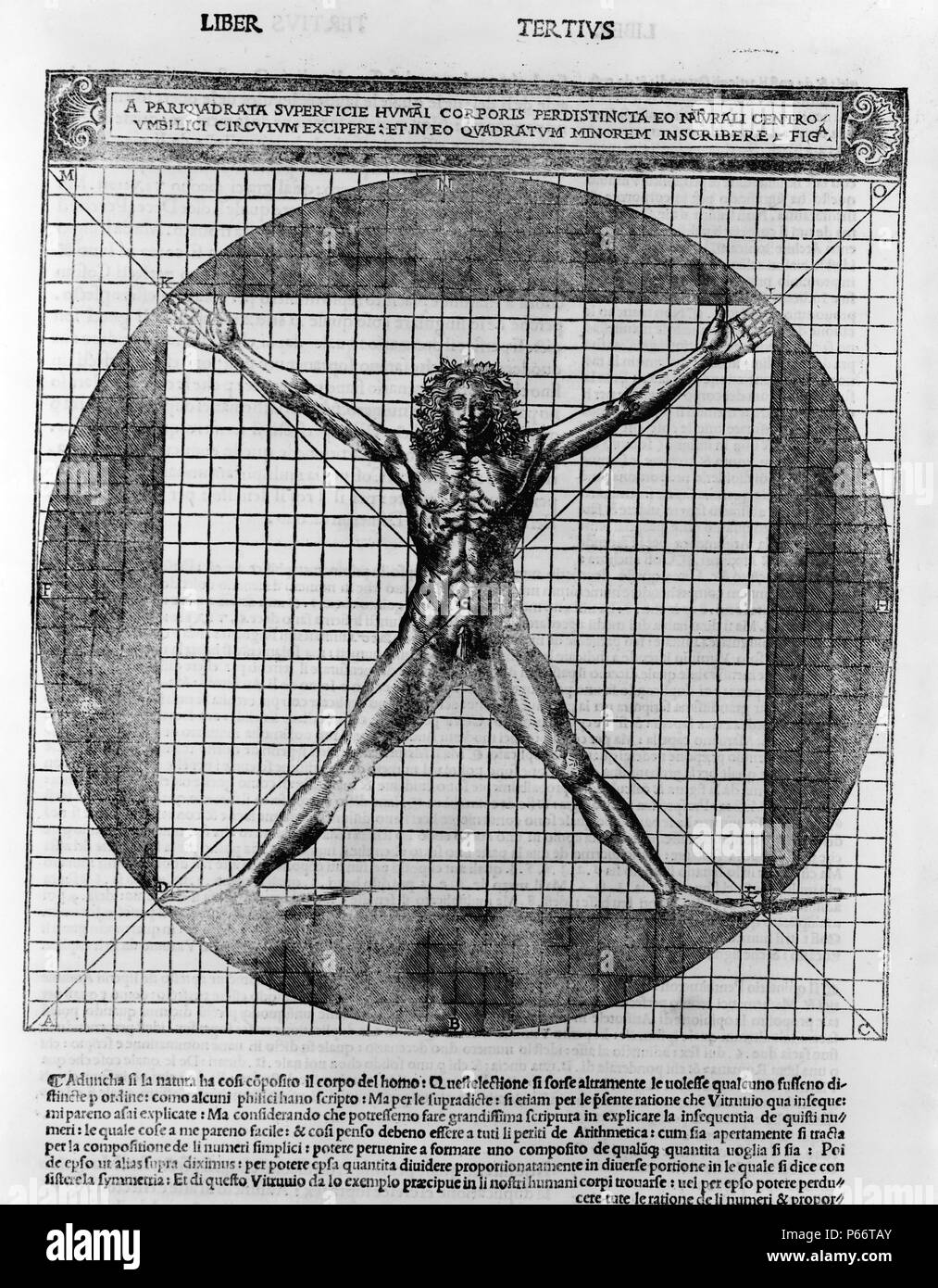 Un pariquadrata perdistincta humai superficiaire corporis eo naturali centro umbilici excipere circulum - et in eo quadratum minorem inscribere, fig. a par Vitruvius Pollio, Cesare, Cesareano 1475-1543 et Leonardo da Vinci, 1452-1519. Publié 1521. Imprimer montre un corps humain de sexe masculin sur une grille dans un cercle. Banque D'Images