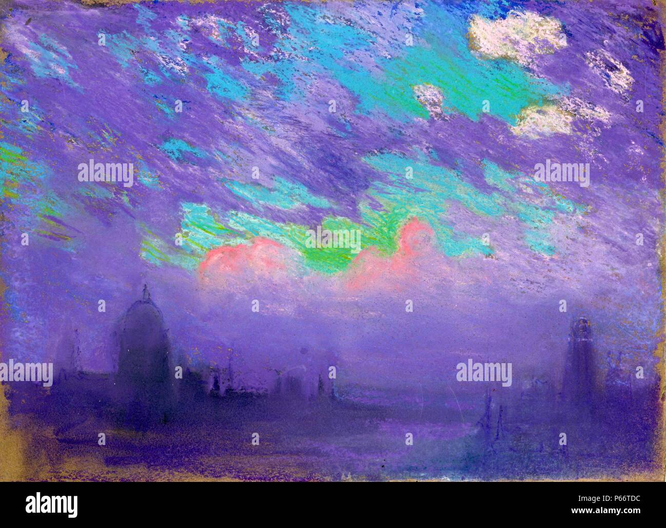 Vert, Bleu et violet par l'artiste américain Joseph Pennell, 1857-1926. Vue de Londres en bleu foncé et violet lumière sous un ciel richement éclairée avec fin de soirée sunset glow. Les couleurs, bleu, vert, violet, rose, orange, blanc, noir, gris et violet sur papier brun. Daté entre 1880 et 1926 Banque D'Images