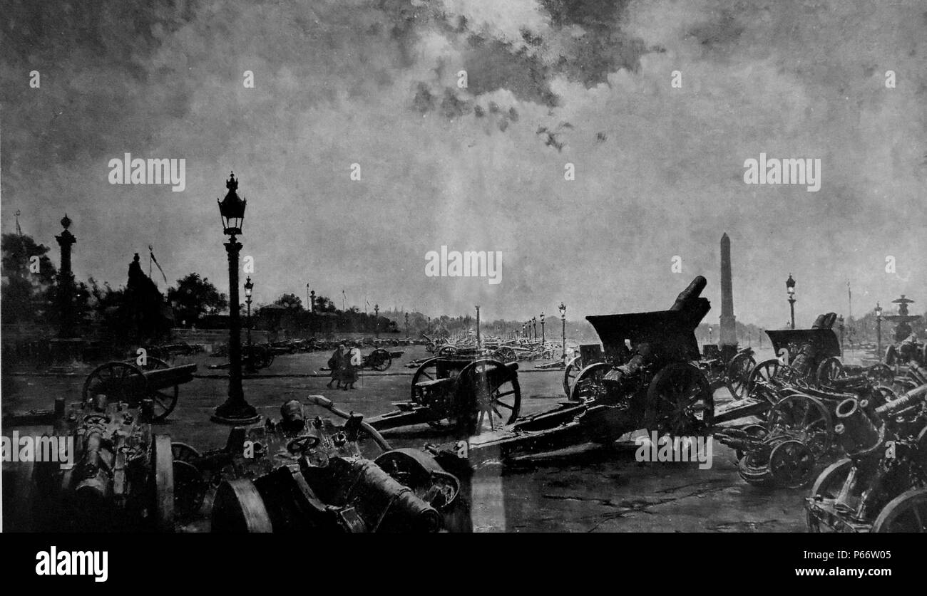 Peinture de l Sabatier. Tandis que l'Allemand plénipotentiaires se préparent à signer la capitulation allemande calme descend sur les canons capturés à l'intérieur de la Place de la Concorde, Paris. 1918 Banque D'Images