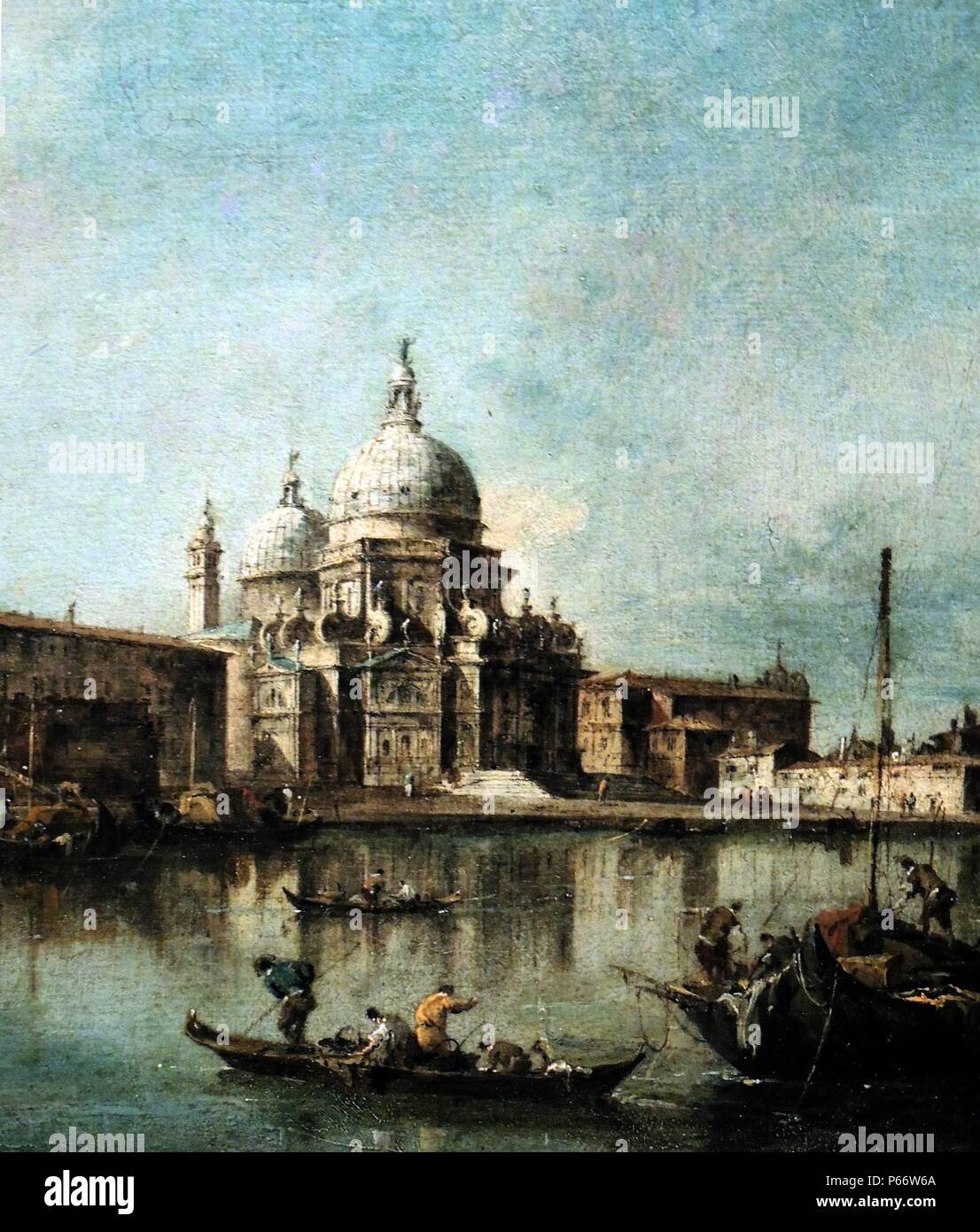 Détail de Santa Maria della Salute et la Dogana, Venise, c. 1770 par le peintre italien, Francesco Guardi (1712-1793). Il était un peintre vénitien de la veduta, membre de l'École vénitienne. Il est considéré comme étant parmi les derniers praticiens, avec ses frères, de l'école de peinture vénitienne classique. Huile sur toile. Birmingham Museum. Banque D'Images