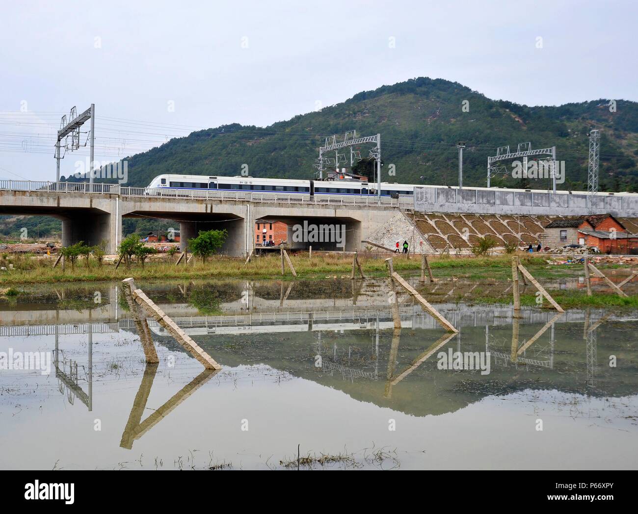 CRH 1 classe électrique sur la station Ningde approches Ningbo - Wenzhou - Fuzhou ligne grande vitesse, la Chine. 18 février 2010. Banque D'Images