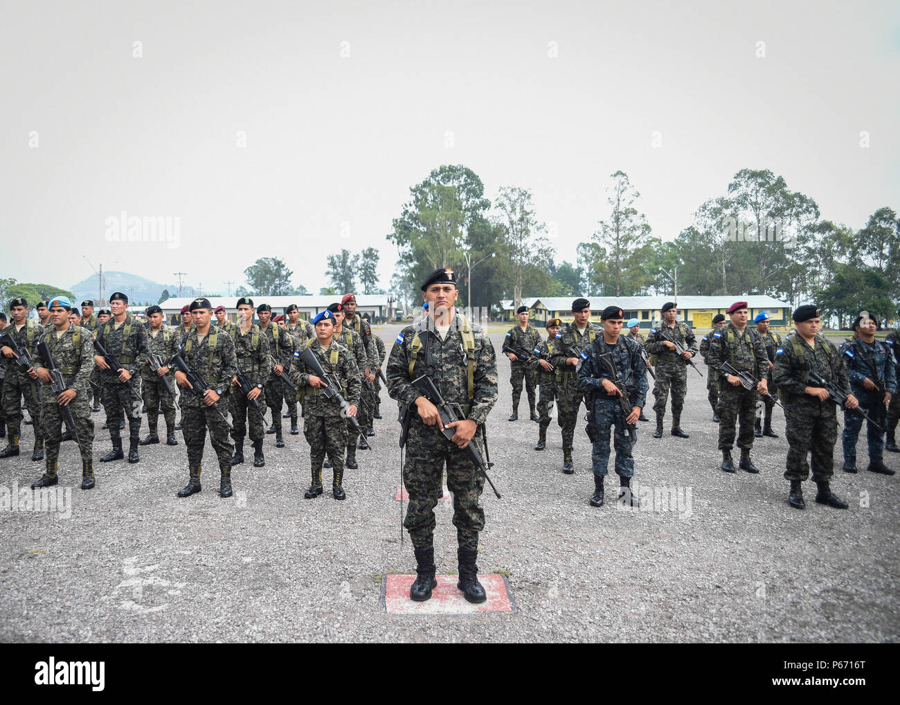 Les membres de l'armée hondurienne et tigres (Tropa de Inteligencia y grupos de Respuesta Especial de Seguridad de la Policía Nacional) stand de la Police spéciale en formation durant une tâche de Force-Caiman Forces-Central alignés au niveau régional parrainé la formation de l'Amérique La cérémonie de clôture à Tamara, le Honduras, le 30 avril, 2016. Dans tout le cours de trois semaines, les membres de la 53ème Infantry Brigade Combat Team de la Garde nationale de Floride les Honduriens formés sur l'adresse au tir, les patrouilles, les exercices de combat, les opérations urbaines et d'autres tâches afin de renforcer leur capacité à lutter contre la criminalité transnationale organisée. Banque D'Images