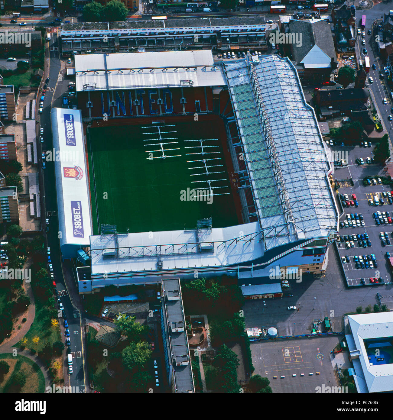 Vue aérienne d'Upton Park - West Ham United Football Club Stadium, Londres, Royaume-Uni. Banque D'Images