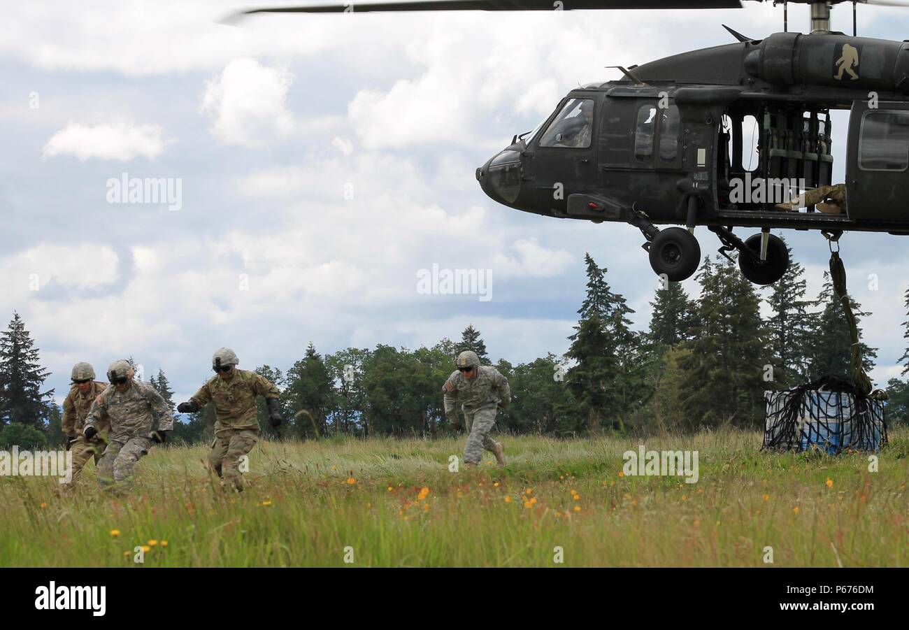 La Brigade des soldats avec 308e Bataillon de soutien, 17e Brigade d'artillerie, de la conduite des opérations de charge sous élingue avec un UH-60 Black Hawk affecté à la 16e Brigade d'aviation de combat at Joint Base Lewis McChord, Wash., mai. 20, 2016. La formation a permis aux soldats de la charge sous élingue une grande mobilité de véhicule à roues (HMMWV) et 55 gallons que la formation pour les futures missions. Banque D'Images