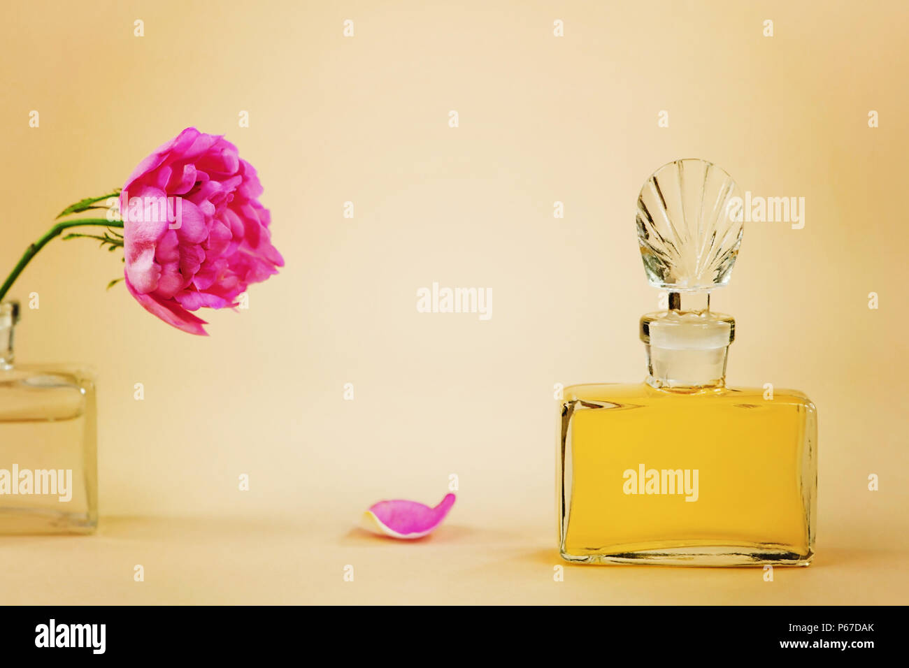 Flacon de parfum, et la fleur qui se fane et tombe Banque D'Images