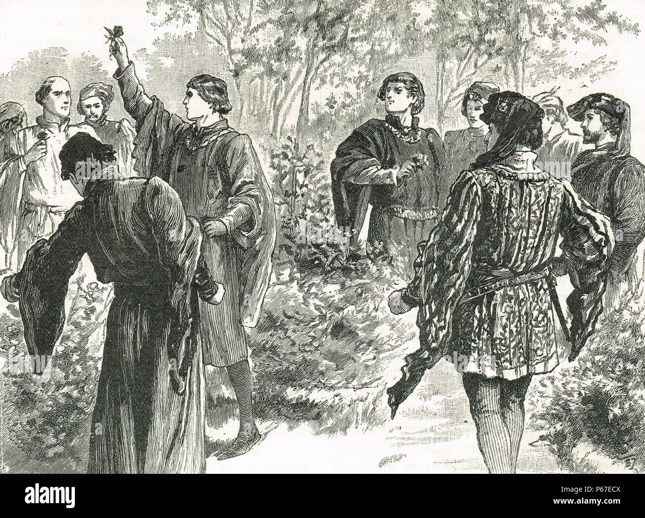 Richard Duc d'York, John Earl Beaufort de Somerset, chaque choix d'un rose comme leur symbole, après la dispute, dans le Temple Gardens Banque D'Images