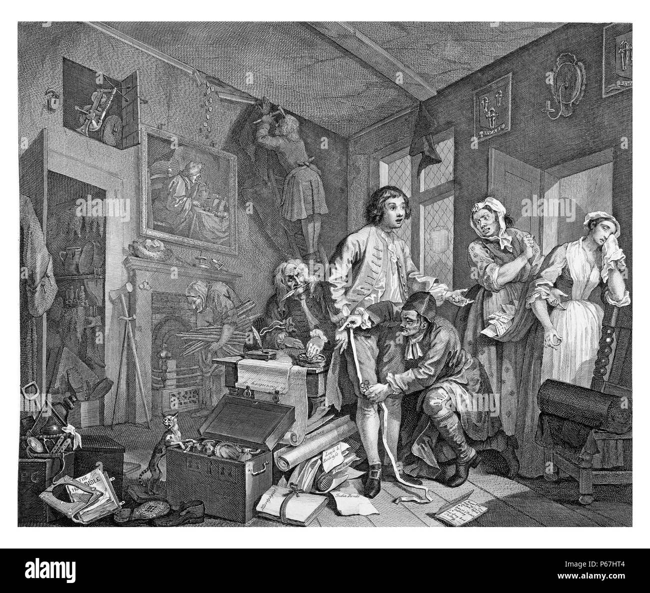 Le Rake's Progress. Une plaque d'une série de huit par 18e siècle l'artiste anglais William Hogarth. 1735. La série montre le déclin et la chute de Tom Rakewell dépensier ; le Fils et héritier d'un riche marchand, qui vient à Londres ; tous les déchets de l'argent sur son mode de vie luxueux ; la prostitution et les jeux de hasard ; et, en conséquence, est emprisonné à la Prison de la flotte et, finalement, l'hôpital de Bethlem ; ou Bedlam Banque D'Images Le Rake's Progress. Une plaque d'une série de huit par 18e siècle l'artiste anglais William Hogarth. 1735. La série montre le déclin et la chute de Tom Rakewell dépensier ; le Fils et héritier d'un riche marchand, qui vient à Londres ; tous les déchets de l'argent sur son mode de vie luxueux ; la prostitution et les jeux de hasard ; et, en conséquence, est emprisonné à la Prison de la flotte et, finalement, l'hôpital de Bethlem ; ou Bedlam Banque D'Images
