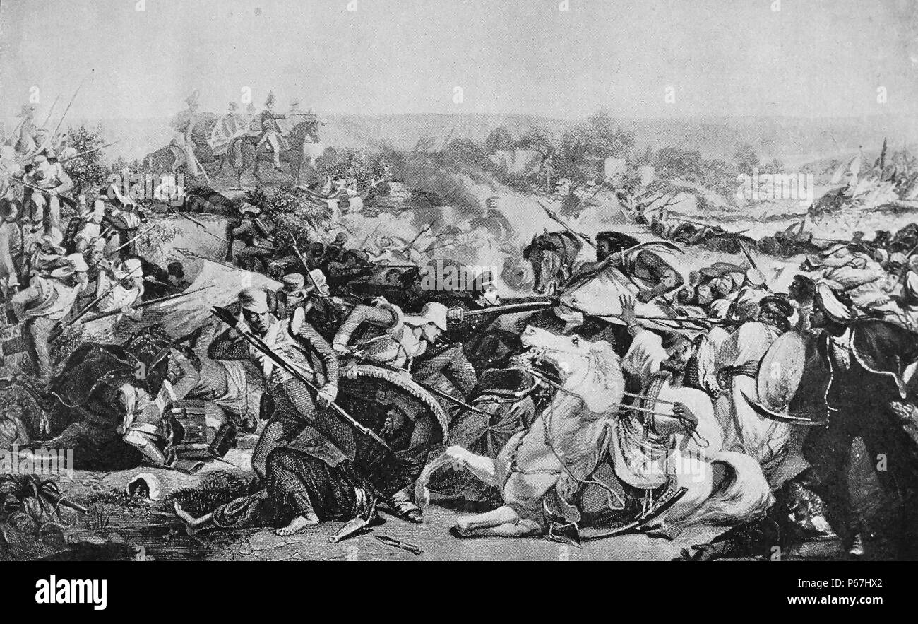La bataille de Rooms & Apartments Flego (ou bataille de Meeanee) était une bataille entre les forces britanniques de Sir Charles Napier et la Cima Talpur du Sindh, Pakistan d'aujourd'hui. La bataille a eu lieu le 17 février 1843 à Sindh Rooms & Apartments Flego ; dans ce qui est maintenant le Pakistan. Banque D'Images