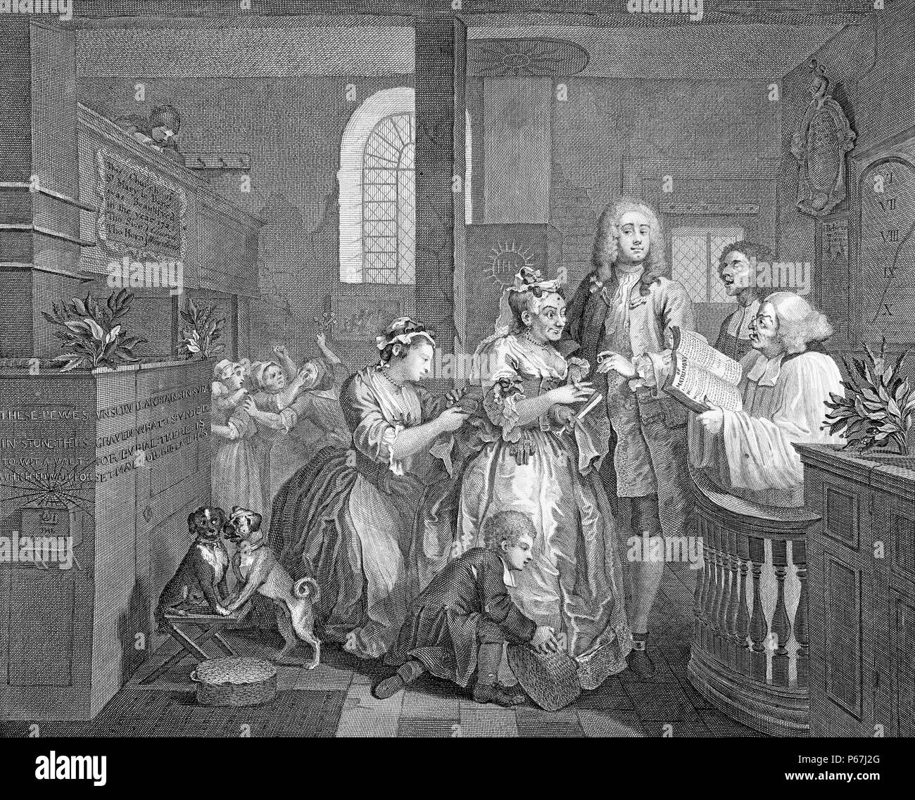 Le Rake's Progress. 5 plaque d'une série de huit par 18e siècle l'artiste anglais William Hogarth. 1735. La série montre le déclin et la chute de Tom Rakewell dépensier ; le Fils et héritier d'un riche marchand, qui vient à Londres ; tous les déchets de l'argent sur son mode de vie luxueux ; la prostitution et les jeux de hasard ; et, en conséquence, est emprisonné à la Prison de la flotte et, finalement, l'hôpital de Bethlem ; ou Bedlam Banque D'Images