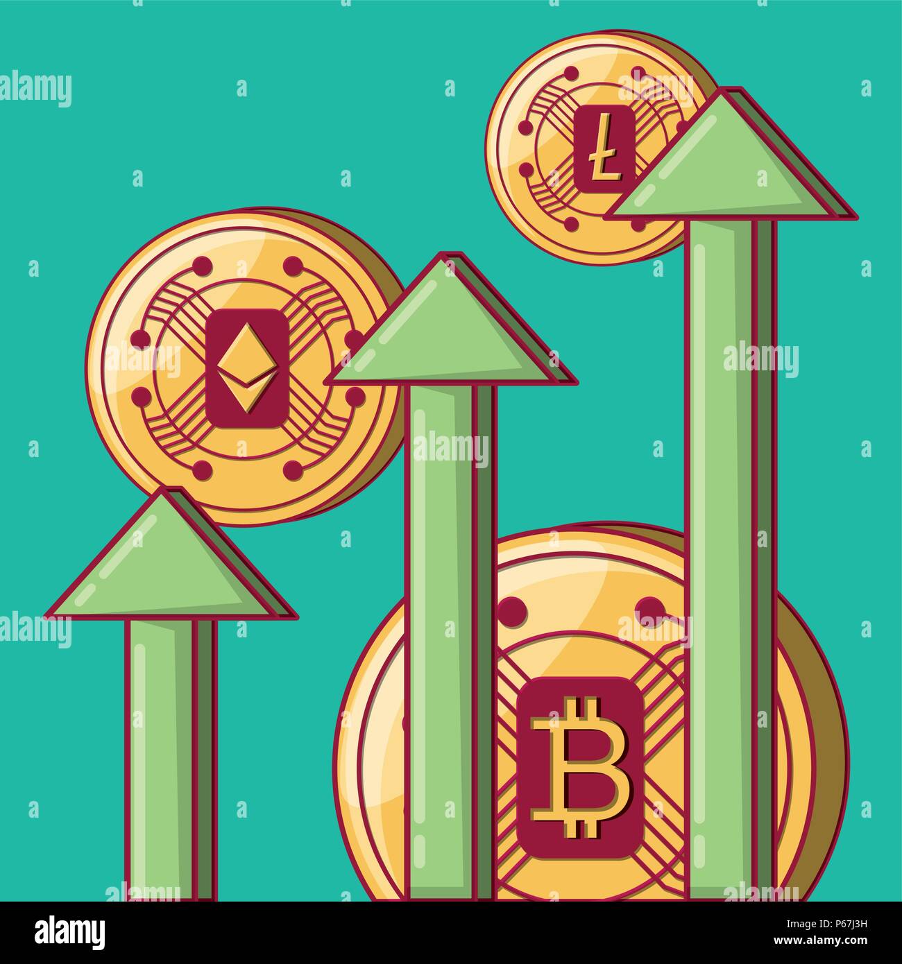 Cryptocoins et flèches vertes sur fond bleu turquoise, design coloré. vector illustration Illustration de Vecteur