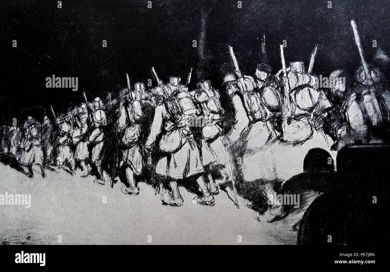 Soldats français mars à nuit à la Verdun avant ; pendant la première guerre mondiale 1916 Banque D'Images