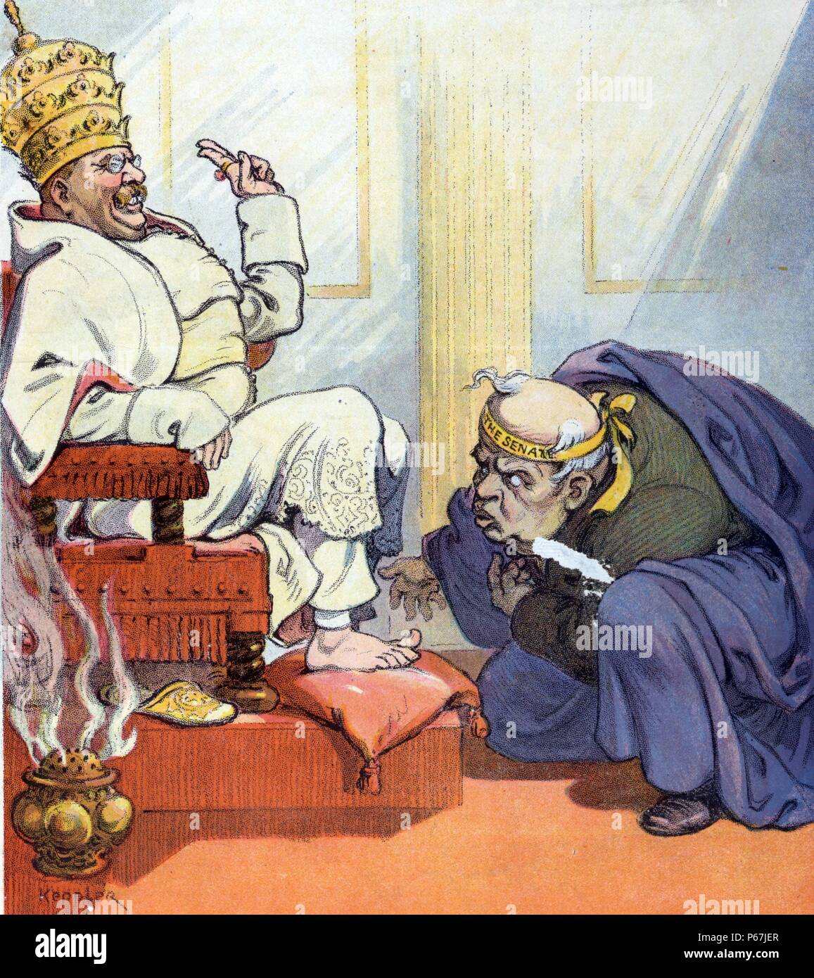Le premier pape theo' Theodore Roosevelt comme "Pape" Theo la première assise sur un trône, portant la tiare papale, qu'un homme portant la mention "Le Sénat' s'incline devant lui. Banque D'Images