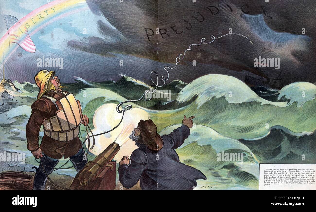 "Capitaines courageux" "Le président Theodore Roosevelt le tir d'un canon pour envoyer une ligne de vie à un navire en détresse sur la mer agitée avec des nuages sombres marqués 'préjudice' formant les frais généraux ; la corde énonce le mot "tolérance". Un arc-en-ciel brille sur la gauche avec le mot 'liberté'. Dans le coin inférieur droit est une citation de "la référence du Président aux immigrants'. Banque D'Images