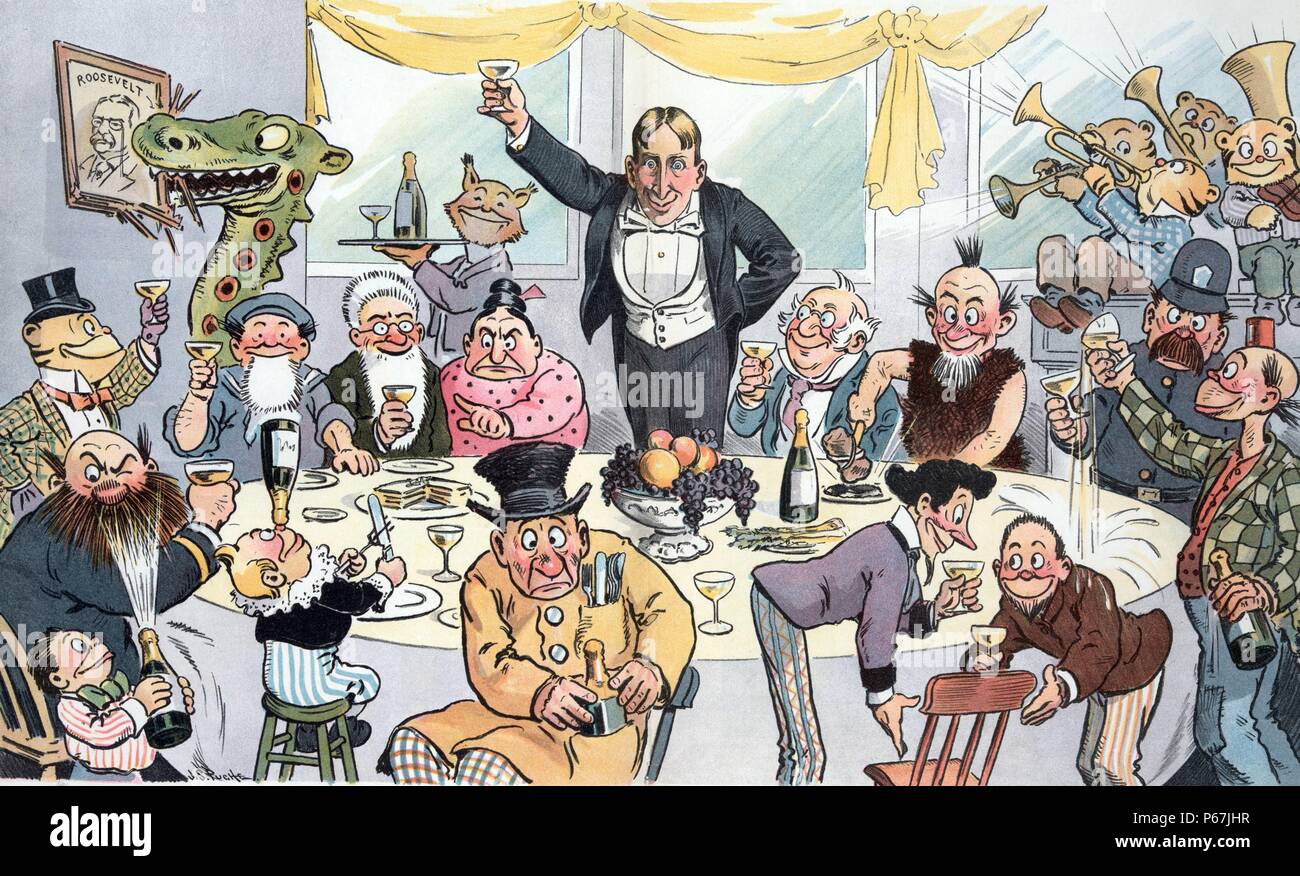 Si--' William Randolph Hearst l'hôte d'un dîner pour un rassemblement de personnages de dessins animés à la Maison Blanche. Sur la gauche, un dinosaure mange un portrait du président Theodore Roosevelt. Banque D'Images