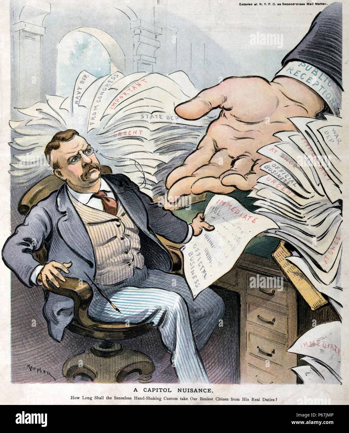 Une nuisance capitol' Le Président Theodore Roosevelt assis à un bureau qui est débordé avec papiers nécessitant son attention immédiate ; à travers les piles de papier est une grande main marqués 'réceptions publiques'. La caricature implique que des apparitions publiques prendre du temps loin de ses fonctions officielles. Banque D'Images