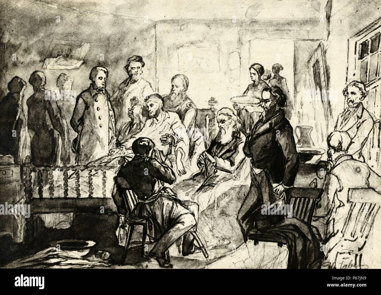 Dimensions du lit de mort de scène président Abraham Lincoln, avec un homme tenant Lincoln. Lincoln a été le 16e président des États-Unis, desservant à partir de mars 1861 jusqu'à son assassinat en avril 1865. Il a mené les États-Unis à travers la guerre civile, et d'abolir l'esclavage et de modernisation de l'économie dans le processus. Banque D'Images