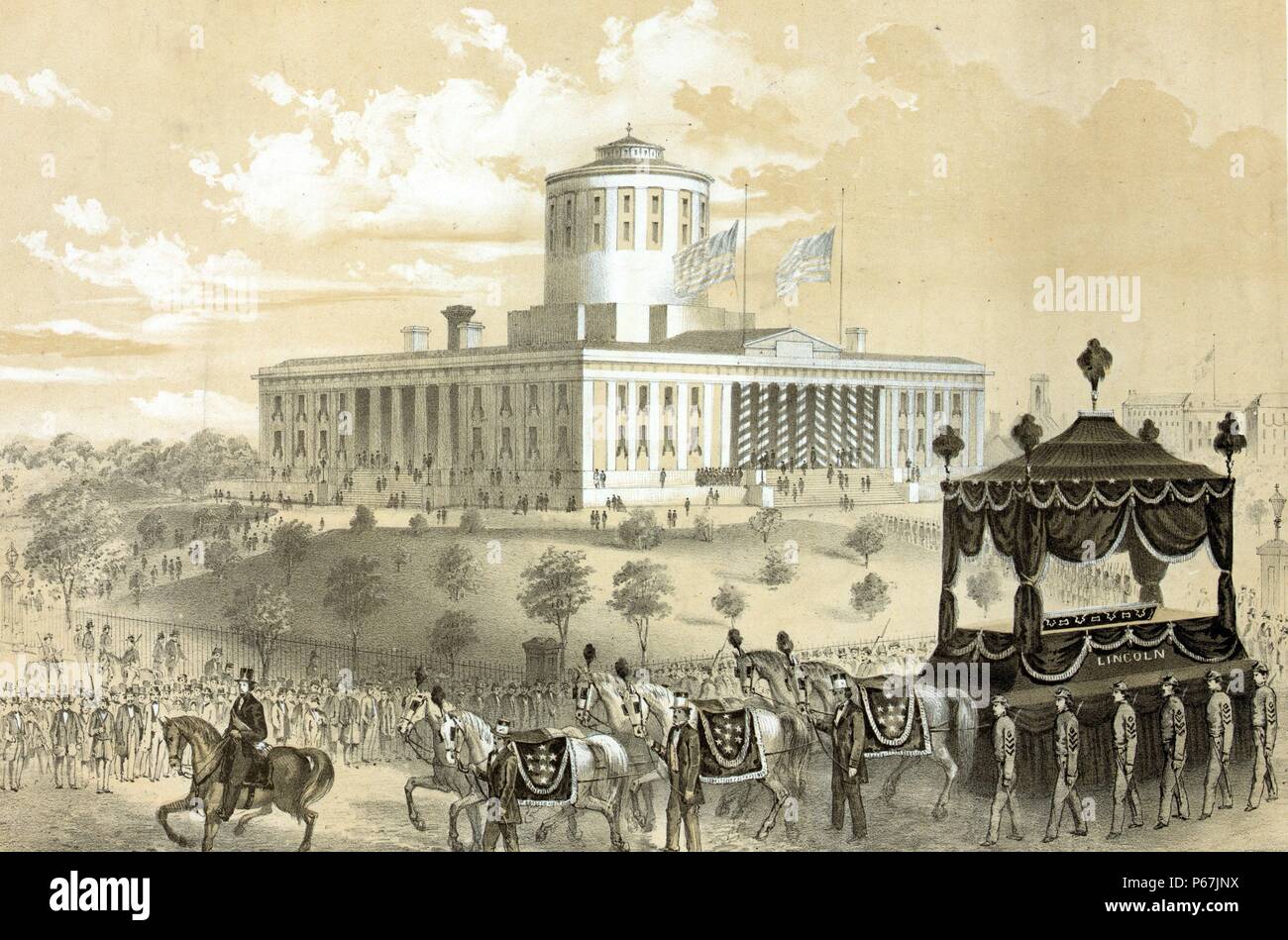 Funérailles de voiture le président Abraham Lincoln en passant l'État chambre à Columbus après sa mort, le 19 avril 1865 Banque D'Images
