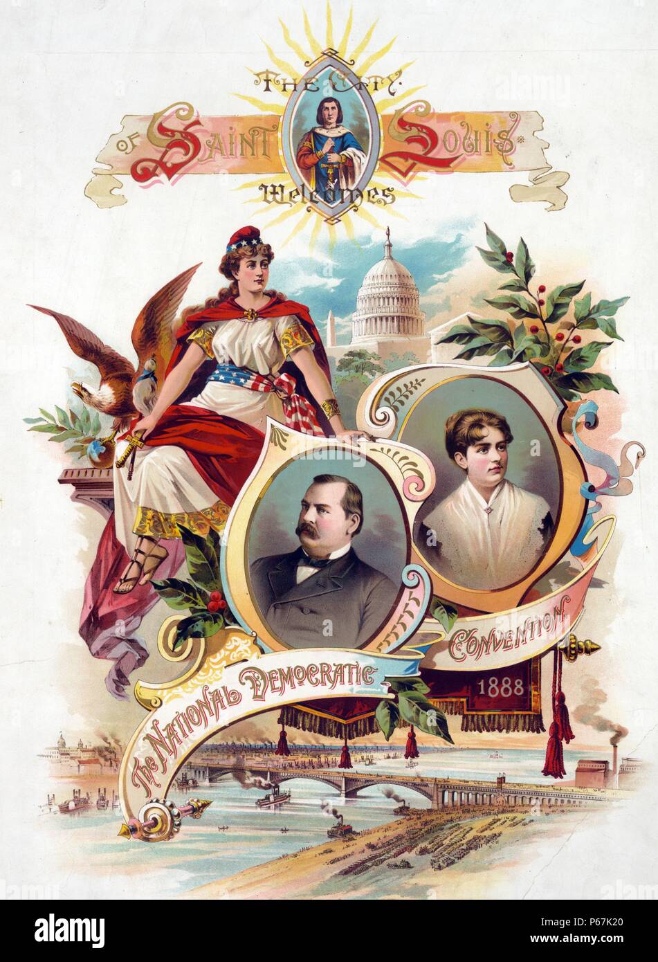 La ville de Saint Louis se félicite de la Convention Nationale Démocratique" avec l'affiche de la convention campagne présidentielle portraits de candidat Président Grover Cleveland et sa femme Frances Folsom Cleveland ainsi que des symboles et des images de Washington, DC ; Saint Louis, et d'Amérique. Banque D'Images