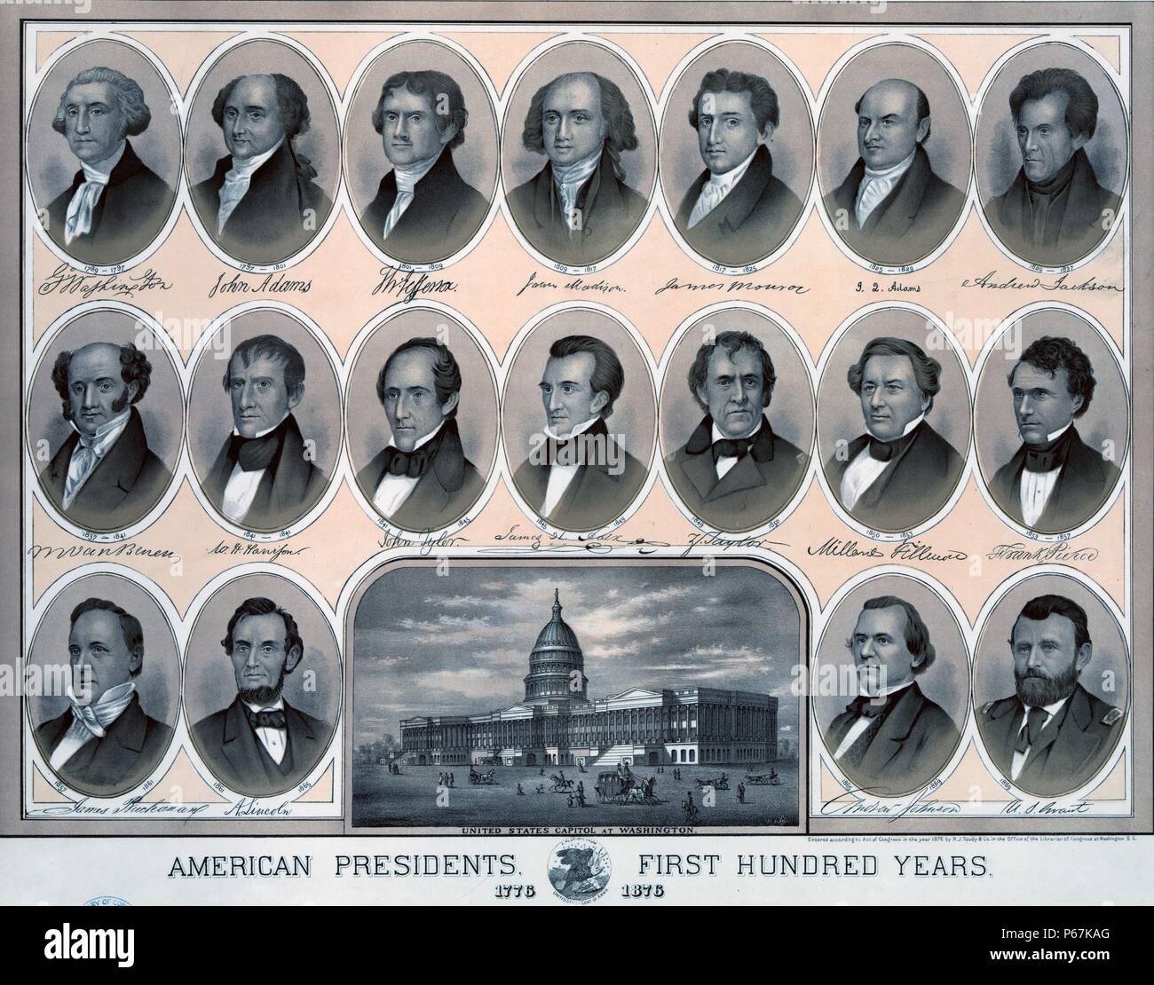 Les présidents américains - cent premières années - 1776-1876' Buste portraits de présidents américains de George Washington à Ulysses S. Grant, avec vue sur le Capitole. Banque D'Images
