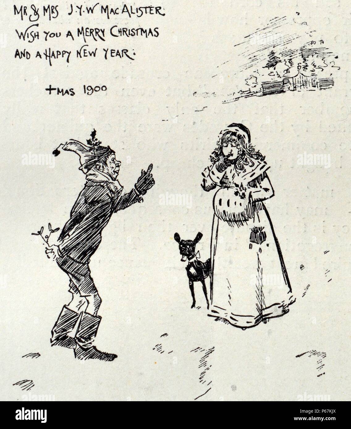 Carte de Noël à la main conçu par Phil May (1864-1903), un caricaturiste anglais. Datée 1900 Banque D'Images